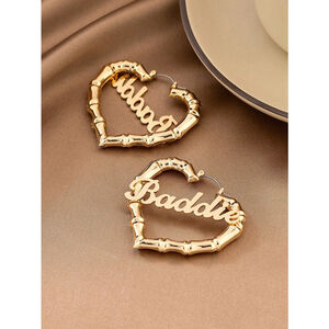 Metallic Punk Bamboo Heart Hoop Earrings Hollow Gold Letter Geometric Sh